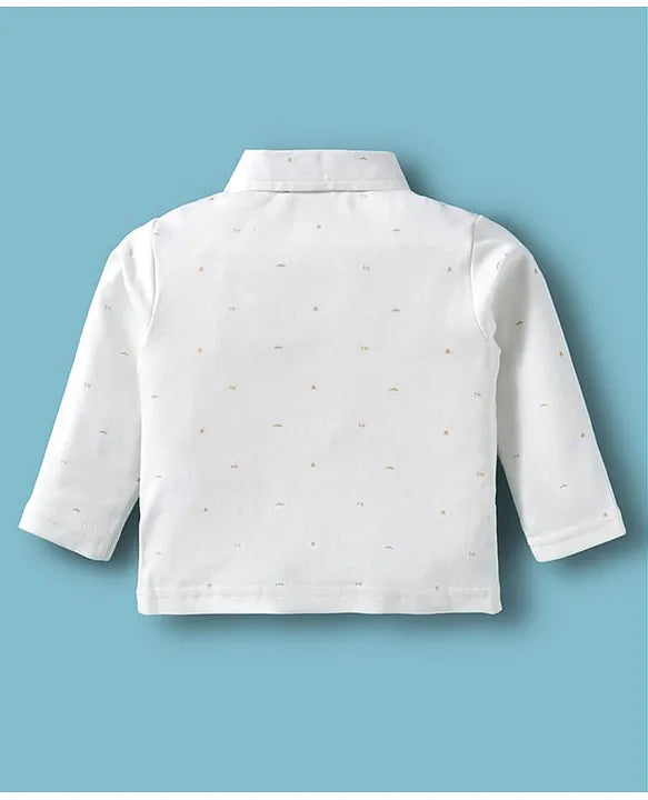 ToffyHouse Interlock Knit Full Sleeves Striped Party Shirt & Trouser Set With Attached Waistcoat & Teddy Bear Patch - White & Khaki