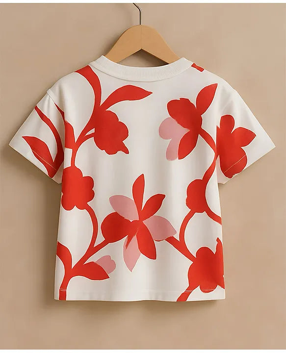 Googo Gaaga Cotton Knit Half Sleeves Floral Printed Tee - White