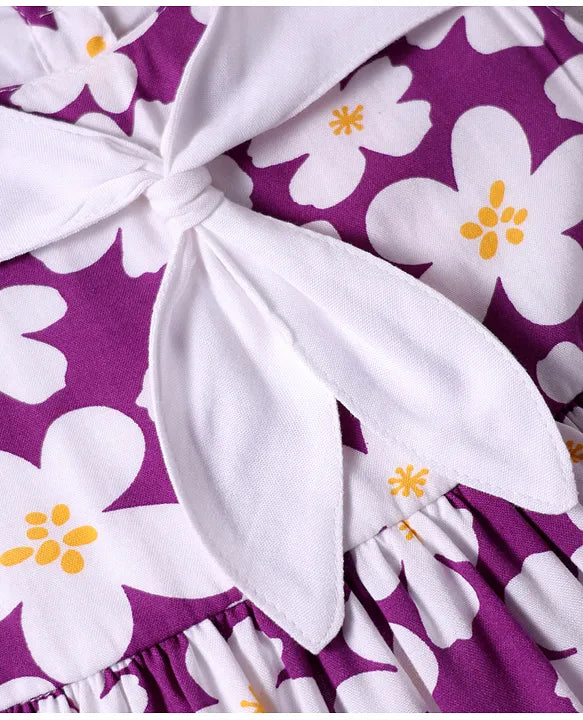Babyhug Rayon Sleeveless Frock with Floral Print & Knot Detailing - Purple