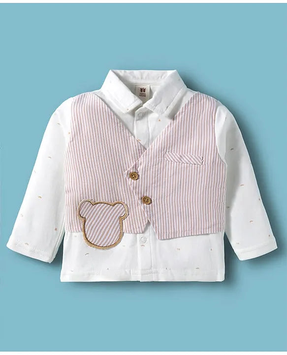ToffyHouse Interlock Knit Full Sleeves Striped Party Shirt & Trouser Set With Attached Waistcoat & Teddy Bear Patch - White & Khaki