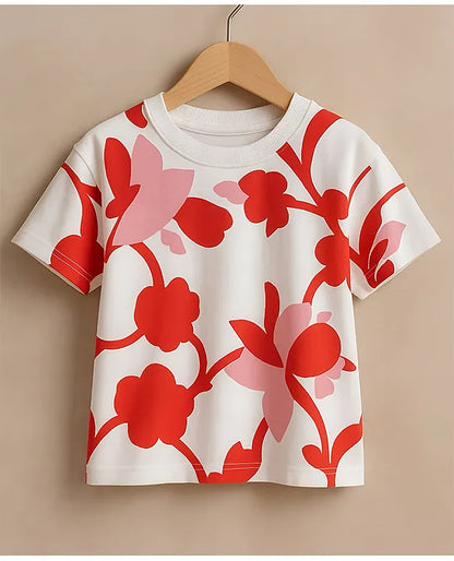 Googo Gaaga Cotton Knit Half Sleeves Floral Printed Tee - White