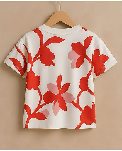 Googo Gaaga Cotton Knit Half Sleeves Floral Printed Tee - White