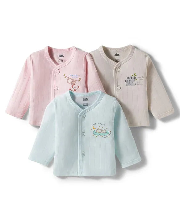 Pink Rabbit Cotton Knit Full Sleeves Front Open Jhablas with Animal Print Pack of 3 - Light Pink Cream & Aqua Blue