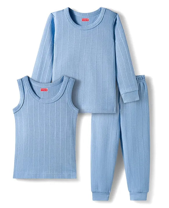 Babyhug Knit Full Sleeves Solid Color Pullover & Sleeveless Thermal Vests & Pant Set - Blue