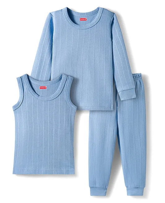 Babyhug Knit Full Sleeves Solid Color Pullover & Sleeveless Thermal Vests & Pant Set - Blue