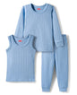 Babyhug Knit Full Sleeves Solid Color Pullover & Sleeveless Thermal Vests & Pant Set - Blue