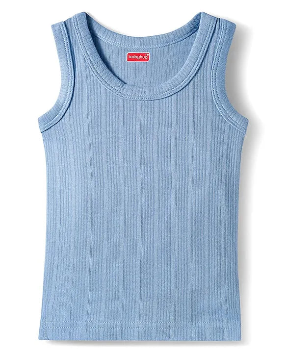 Babyhug Knit Full Sleeves Solid Color Pullover & Sleeveless Thermal Vests & Pant Set - Blue