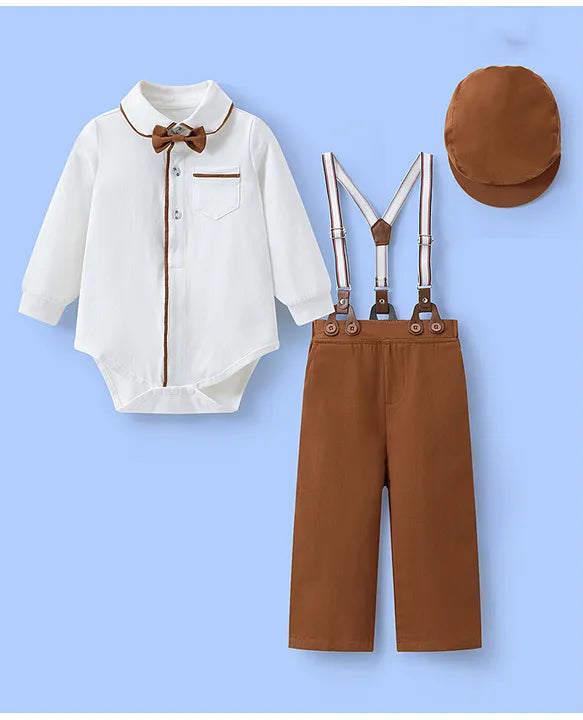 Mark & Mia Cotton Full Sleeves Onesie & Trouser Set with Suspender & Hat & Bow Applique - White & Brown
