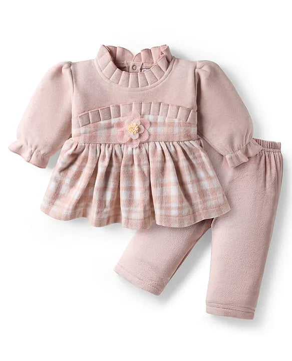 Mom's pet Fleece Knit Full Peasant Sleeves Checked Dress With Pant - Peach