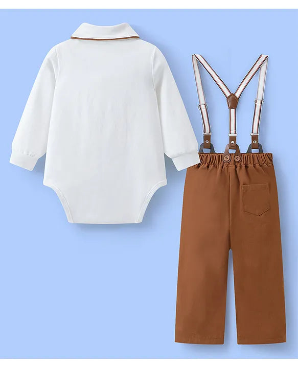 Mark & Mia Cotton Full Sleeves Onesie & Trouser Set with Suspender & Hat & Bow Applique - White & Brown