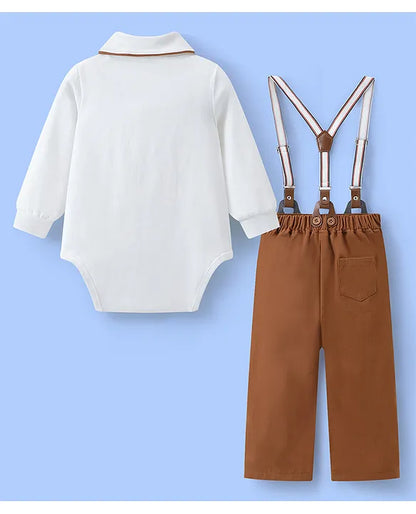 Mark & Mia Cotton Full Sleeves Onesie & Trouser Set with Suspender & Hat & Bow Applique - White & Brown