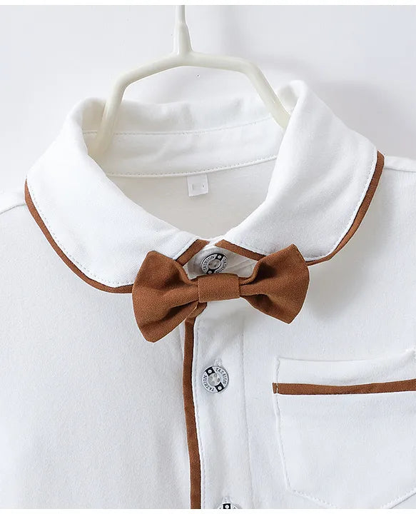 Mark & Mia Cotton Full Sleeves Onesie & Trouser Set with Suspender & Hat & Bow Applique - White & Brown