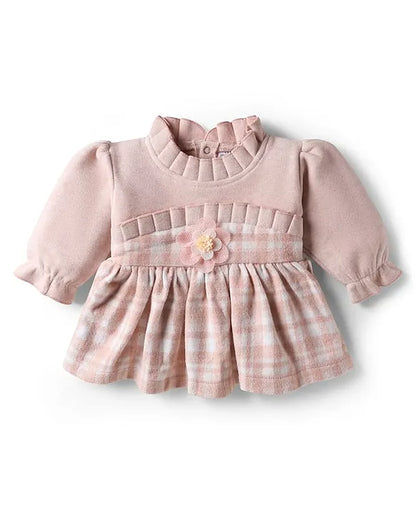 Mom's pet Fleece Knit Full Peasant Sleeves Checked Dress With Pant - Peach