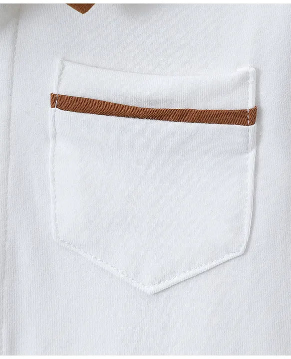 Mark & Mia Cotton Full Sleeves Onesie & Trouser Set with Suspender & Hat & Bow Applique - White & Brown