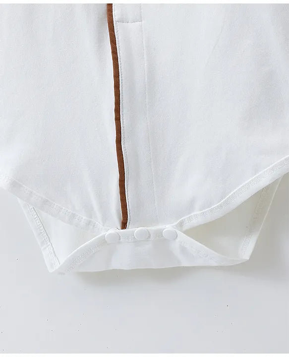 Mark & Mia Cotton Full Sleeves Onesie & Trouser Set with Suspender & Hat & Bow Applique - White & Brown