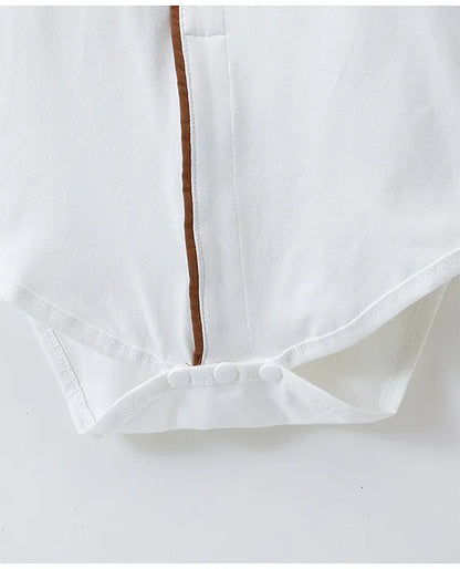 Mark & Mia Cotton Full Sleeves Onesie & Trouser Set with Suspender & Hat & Bow Applique - White & Brown