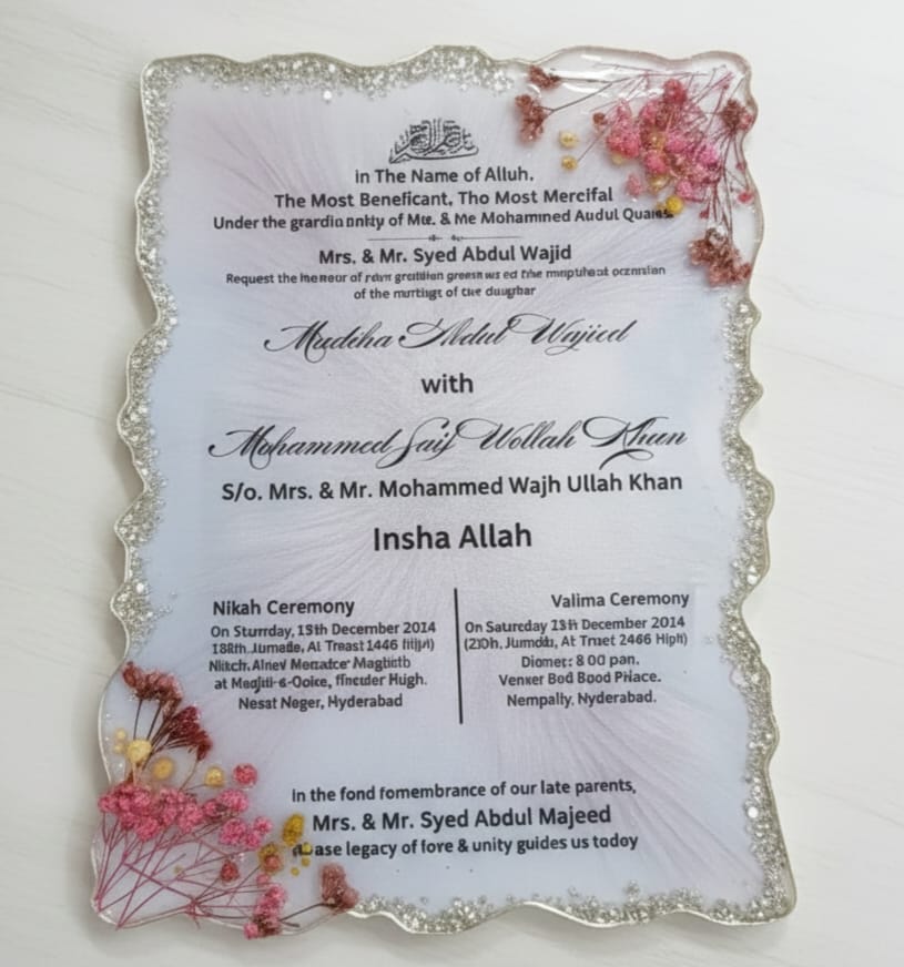 Luxury Resin Wedding Invitation Plaque - Floral & Crystal Edge Design