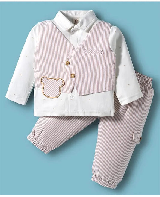 ToffyHouse Interlock Knit Full Sleeves Striped Party Shirt & Trouser Set With Attached Waistcoat & Teddy Bear Patch - White & Khaki