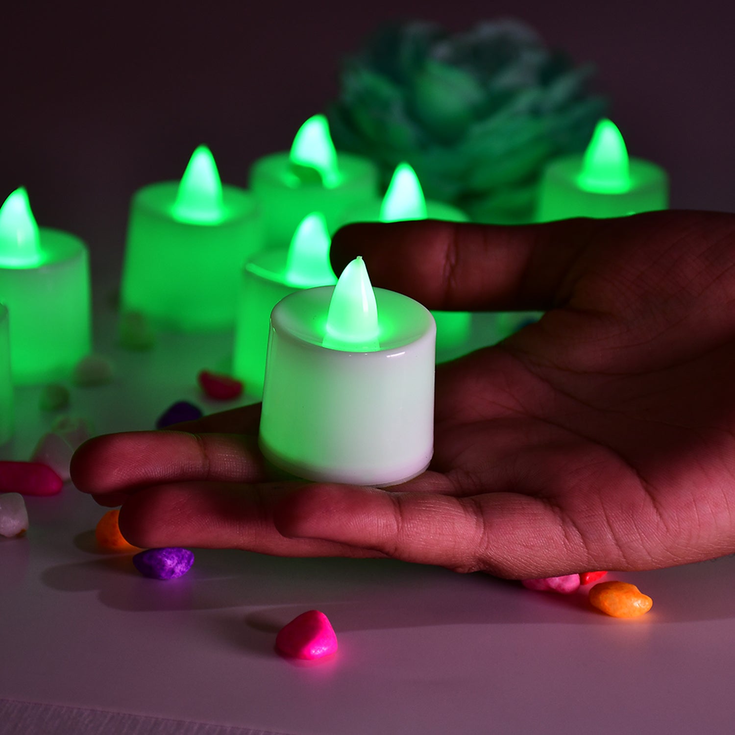 6635 Green Flameless Led Tealights Smokeless Plastic Decorative Candles - Led Tea Light Candle For Home Decoration (Pack Of 24)