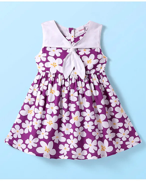 Babyhug Rayon Sleeveless Frock with Floral Print & Knot Detailing - Purple