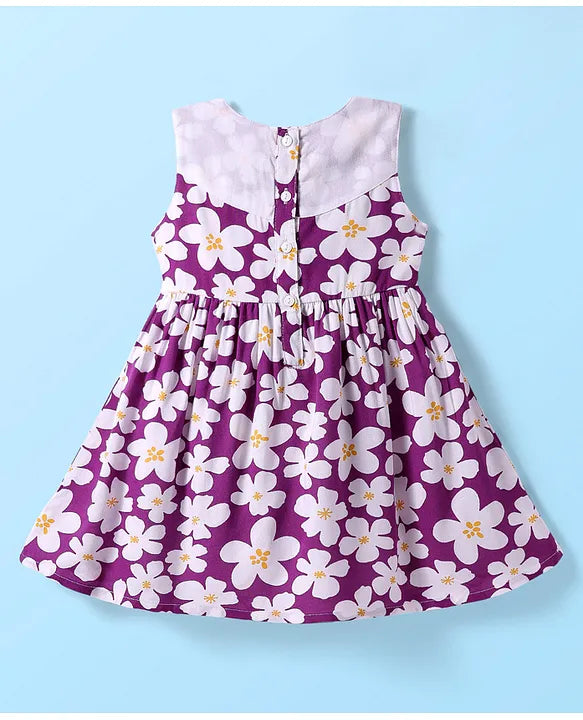 Babyhug Rayon Sleeveless Frock with Floral Print & Knot Detailing - Purple