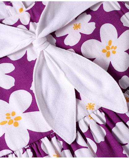 Babyhug Rayon Sleeveless Frock with Floral Print & Knot Detailing - Purple